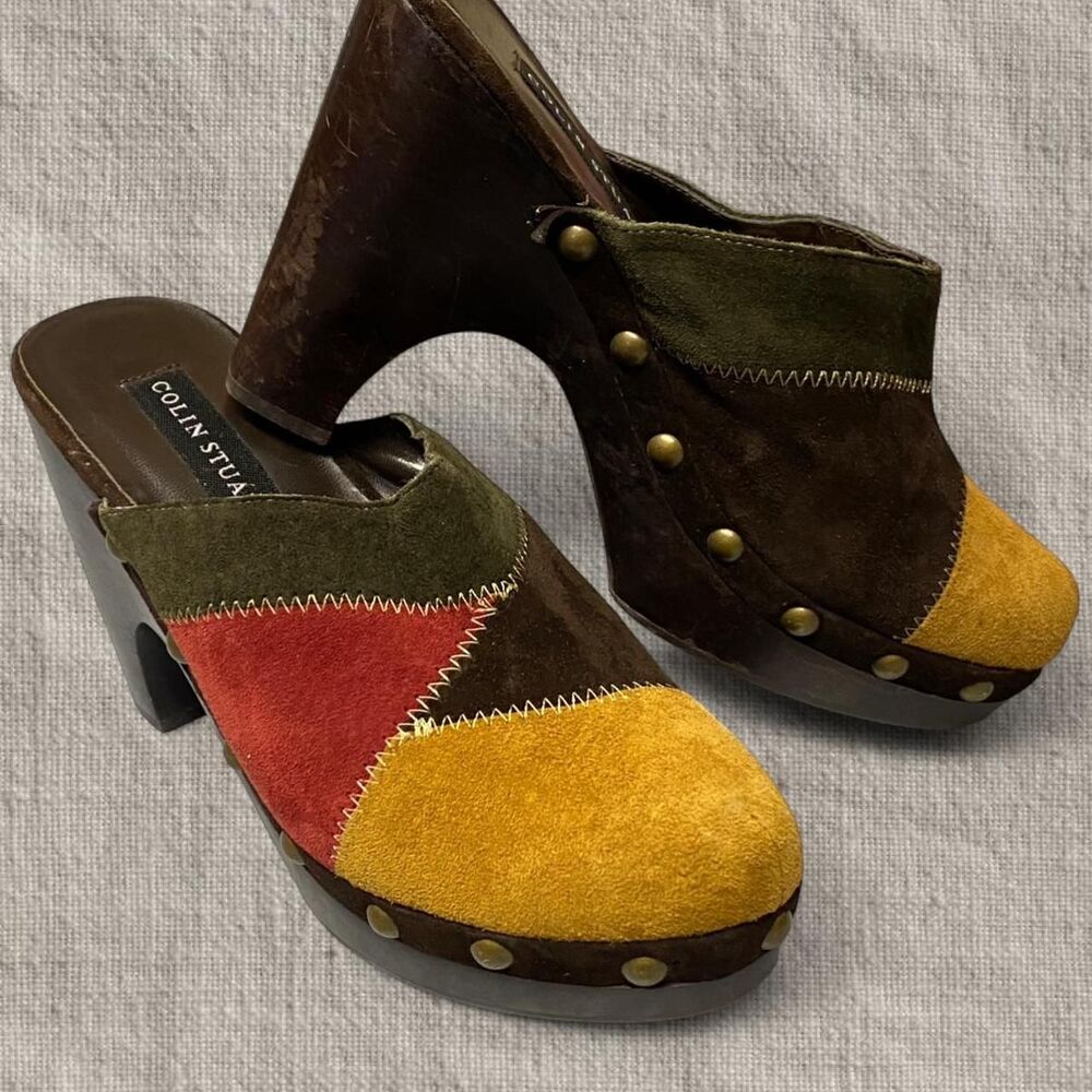 Vintage Y2K Festival Platform Patchwork Colin Stuart Suede Leather Stud Clogs